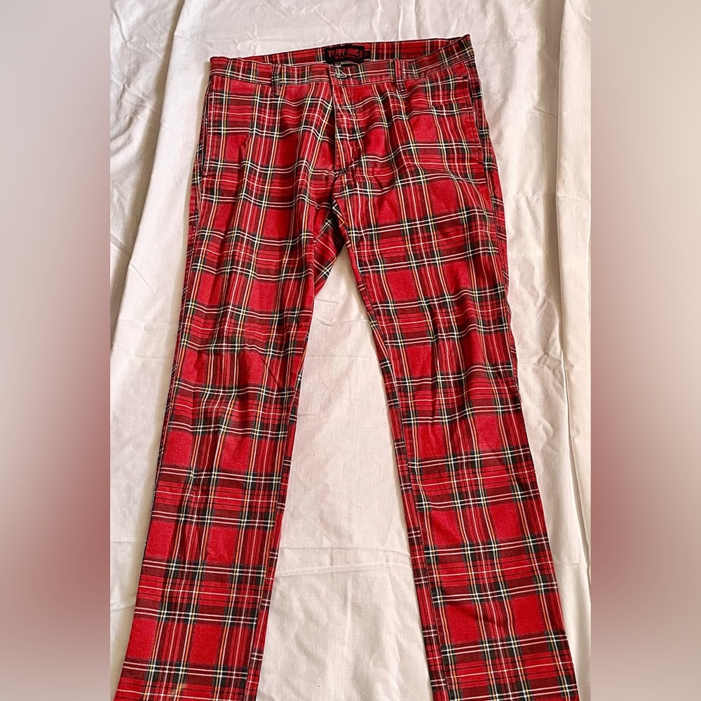 One pair cotton tartan skinny jeans, 34” waist.